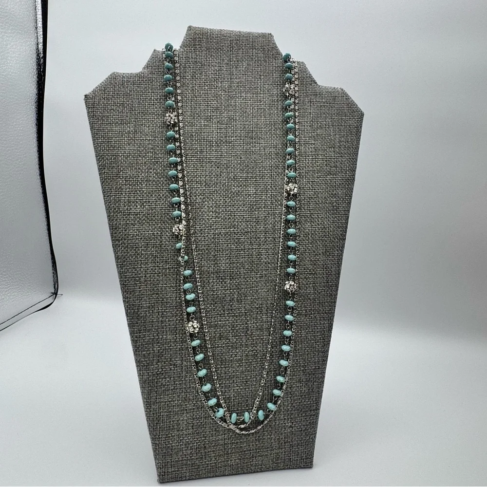 Turquoise Multi-strand Boho Necklace Silver Toned Chains 28”